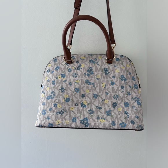 Michael Kors Cindy Vanilla Dome Satchel Purse Floral Print Blue Yellow Leather - Picture 8 of 17